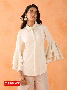 Gajra Gang - White Ruffle Sleeves Collar embellished Shirt GGTOPN01