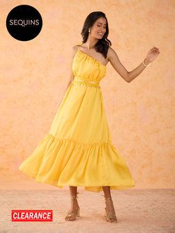 Gajra Gang - Haldi Pop Orange Satin Georgette One Shoulder Dress with Beaded Belt (Set of 2) GGHPDRS01