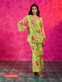 Gajra Gang - Frida Farida Lime Green Sequin Poppy Print Kurta with Pant GGFFCS02 (Set of 2)