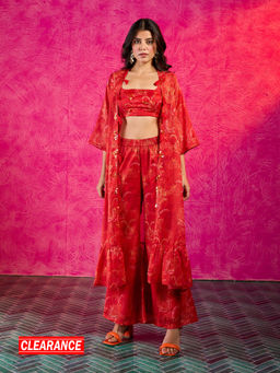 Gajra Gang - Frida Farida Red Organza Print and Sequin Fusion Cape GGFFSKD03 (Set of 3)