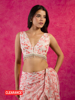 Gajra Gang - Frida Farida Coral Chiffon Print & Lace Cocktail Blouse GGFFBL08