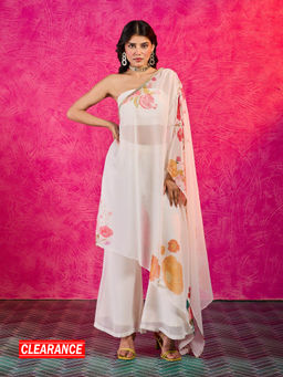 Gajra Gang - Frida Farida Off White Georgette Poppy Print Fusion Cape Set GGFFSKD05