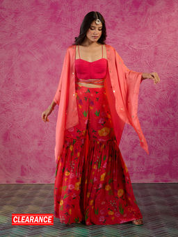 Gajra Gang - Frida Farida Coral Crepe Embellished Fusion Cape Sharara Set GGFFSKD14