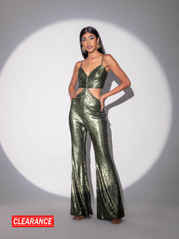 RSVP by Nykaa Fashion - Nikhil Thampi Olive Sequined Strappy Flared Jumpsuit