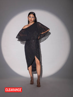 RSVP by Nykaa Fashion - Black Self Design One Shoulder Midi Dress