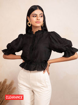 RSVP by Nykaa Fashion - Black Solid Ruffled Neck Linen Crop Top
