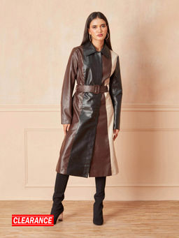 RSVP by Nykaa Fashion - Multi-coloured Color Blocked Longline Faux Leather Overcoat