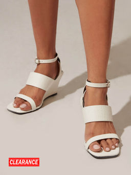 RSVP by Nykaa Fashion - White Square Toe Textured Ankle Strap Wedges