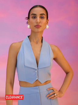 RSVP by Nykaa Fashion - Powder Blue Solid V Neck Vest Crop Top
