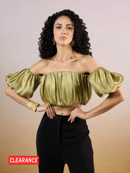 RSVP by Nykaa Fashion - Olive Green Ruched Off Shoulder Crop Top