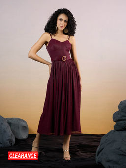 RSVP by Nykaa Fashion - Maroon Sweetheart Neck Solid Belted Midi Dress (Set of 2)