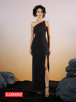 RSVP by Nykaa Fashion - Black Solid One Shoulder Front Slit Gown
