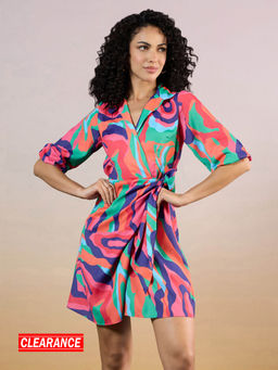 RSVP by Nykaa Fashion - Multicolor Printed Puff Sleeves Satin Shirt Dress