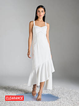 RSVP by Nykaa Fashion - White Sleeveless Fit And Flare Asymmetric Ruffle Maxi Dress