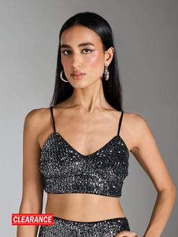 RSVP by Nykaa Fashion - Silver Sequin V Neck Strappy Crop Top