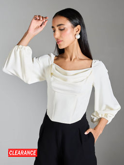 RSVP by Nykaa Fashion - White Solid Cowl Neck Puff Sleeve Crop Corset Top