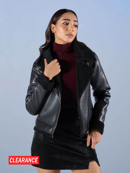 RSVP by Nykaa Fashion - Black Full Sleeves Fur Leather Biker Jacket