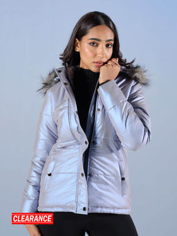 RSVP by Nykaa Fashion - Lilac Solid Fur Hooded Puffer Jacket