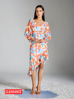 RSVP by Nykaa Fashion - Multicolor Printed Sweetheart Neck Balloon Sleeve Asymmetric Midi Dress