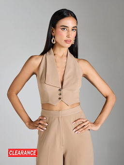 RSVP by Nykaa Fashion - Beige Solid V Neck Crop Vest Top
