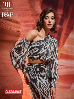RSVP by Nykaa Fashion - Nikita Mhaisalkar White and Black Printed Asymmetric One Shoulder Crop Top