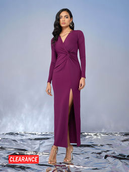 RSVP by Nykaa Fashion - Wine Solid Waist Twist Maxi Slit Dress