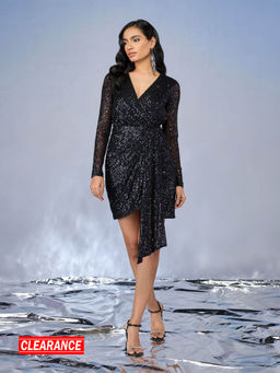 RSVP by Nykaa Fashion - Navy Blue Sequin Full Sleeves Short Dress