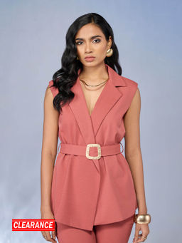 RSVP by Nykaa Fashion - Pink Solid Gold Buckled Sleeveless Jacket (Set of 2)