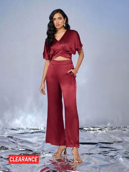 RSVP by Nykaa Fashion - Maroon Solid Satin Flared Pant Co-Ord (Set of 2)