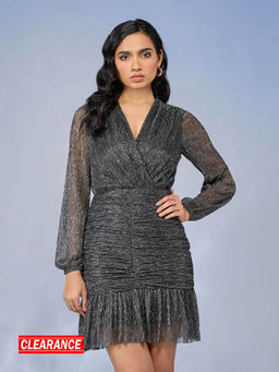 RSVP by Nykaa Fashion - Black and Silver Crinkle Texture Ruched Short Dress