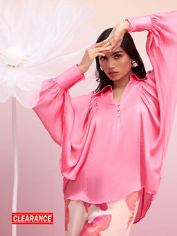 RSVP by Nykaa Fashion - Pink Solid Batwing Sleeves Collared Oversized Satin Top