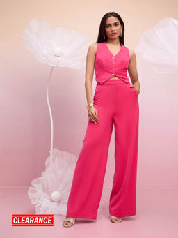 RSVP by Nykaa Fashion - Pink Solid Sleeveless Vest High Waist Pants Co-Ord (Set of 2)