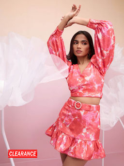 RSVP by Nykaa Fashion - Red Floral Printed V Neck Lace Crop Top and Belt with Skirt (Set of 3)