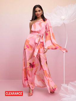 RSVP by Nykaa Fashion - Pink Printed One Shoulder Flared Bell Sleeves Slit Maxi Dress (Set of 2)