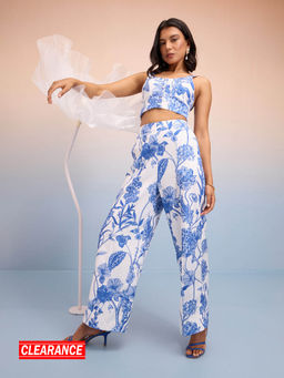 RSVP by Nykaa Fashion - Blue and White Printed Scoop Neck Linen Crop Top
