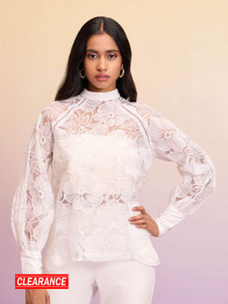 RSVP by Nykaa Fashion - White Floral Lace Embroidery High Neck Blouson Top