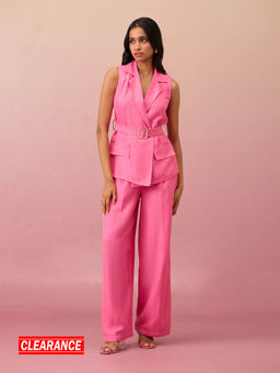 RSVP by Nykaa Fashion - Candy Pink Solid Lapel Collar Blazer with High Waist Pant Co-Ord (Set of 3)