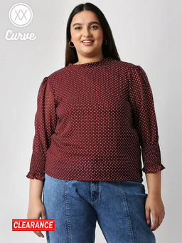Twenty Dresses by Nykaa Fashion - Curve Maroon Polka Dots Print High Neck Top