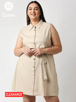 Twenty Dresses by Nykaa Fashion - Curve Beige Solid Collar Neck Mini Dress