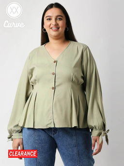 Twenty Dresses by Nykaa Fashion - Curve Green Solid V Neck Peplum Top
