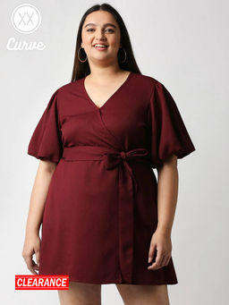 Twenty Dresses by Nykaa Fashion - Curve Maroon Solid V Neck Mini Dress