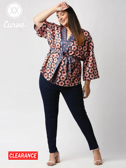 Twenty Dresses by Nykaa Fashion - Curve Multi-Color Printed Shawl Lapel Jacket With Belt