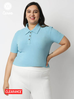 Twenty Dresses by Nykaa Fashion - Curve Blue Solid Collar Neck Cropped Basics T Shirt