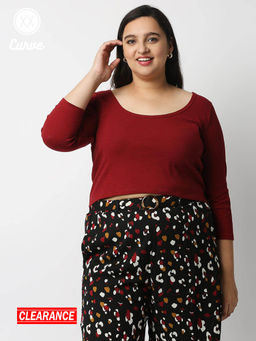 Twenty Dresses by Nykaa Fashion - Curve Maroon Solid Boat Neck Cropped Basics T Shirt