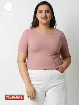 Twenty Dresses by Nykaa Fashion - Curve Pink Solid Round Neck Cropped Basics T Shirt
