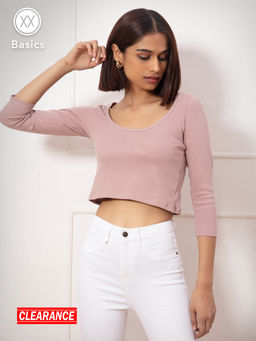 Twenty Dresses by Nykaa Fashion - Basics Pink Solid Scoop Neck Cropped T Shirt