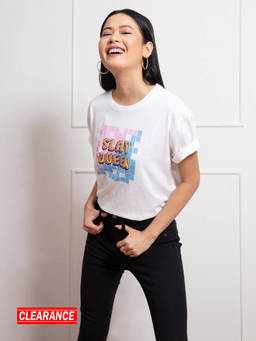 Twenty Dresses by Nykaa Fashion - White Sequin Graphic Print Round Neck Oversized Pride T Shirt