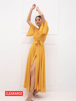 Twenty Dresses by Nykaa Fashion - Yellow Solid V Neck Maxi Dress