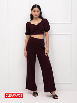 Twenty Dresses by Nykaa Fashion - Maroon Solid Sweetheart Neck Top and Straight Pants Co-Ord (Set of 2)