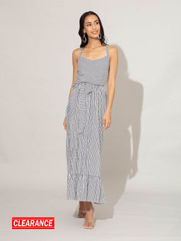 Twenty Dresses by Nykaa Fashion - Black and White Pin Striped Fit and Flare Maxi Dress With Belt